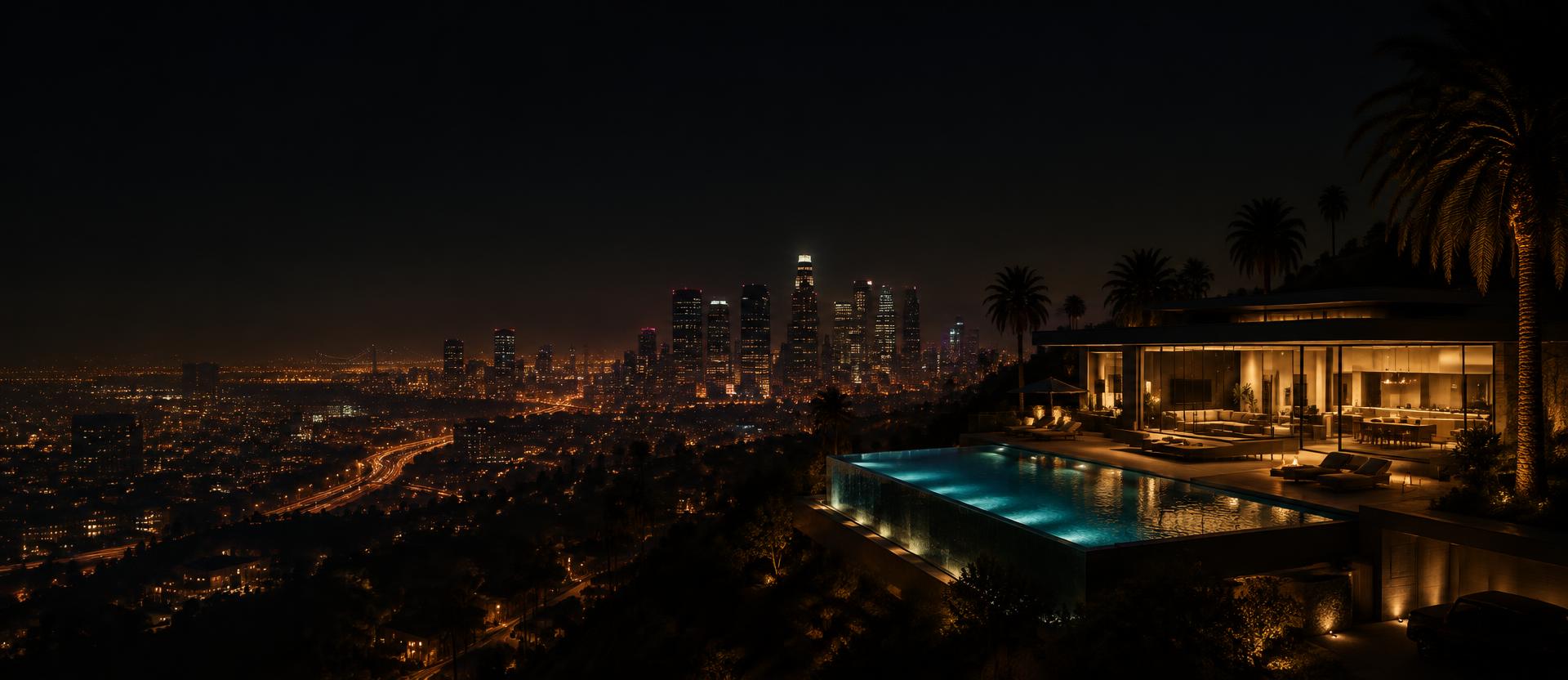 Modern hillside villa with a lit infinity pool overlooking a night city skyline