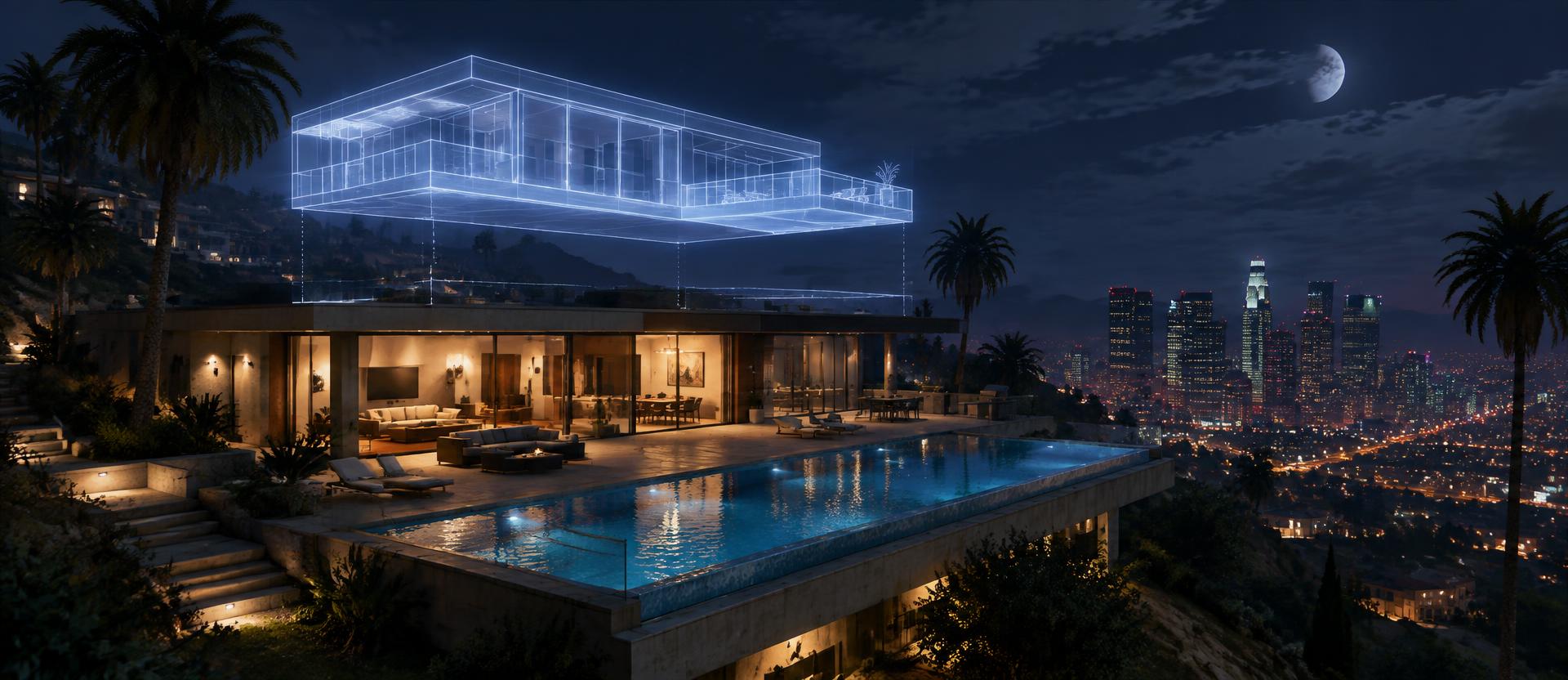 A luxury villa at night with a glowing white wireframe model of its upper floors hovering above the roof